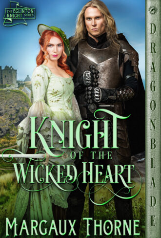 Knight of the Wicked Heart by Margaux Thorne. The cover has a woman in green dress and man dressed as a knight